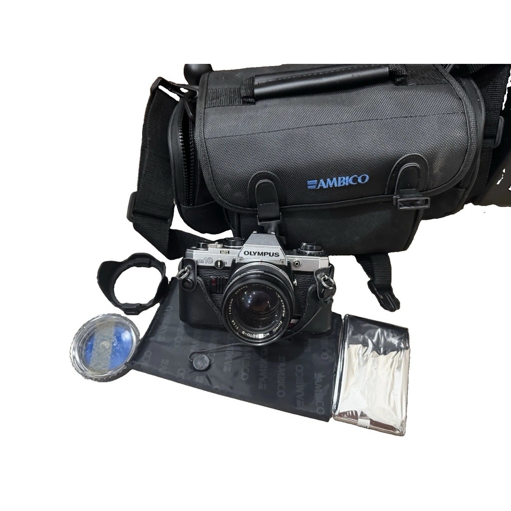 Olympus OM-10 35mm SLR Film Camera w/ Zuiko 50mm f/1.4 Lens Case Bag Hood Extras